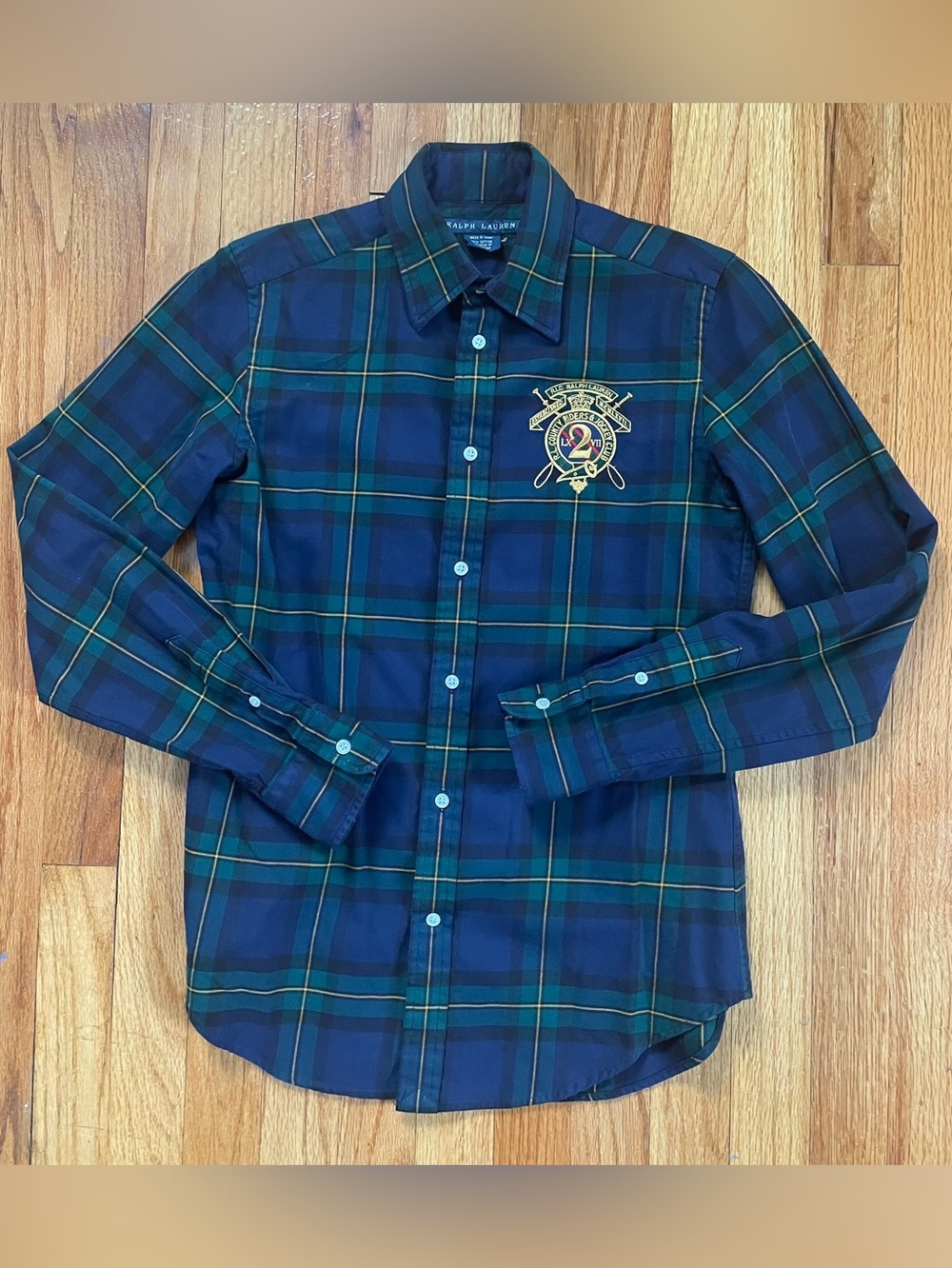 Ralph Lauren Navy Green Plaid Button-Down Shirt with Crest Embroidery